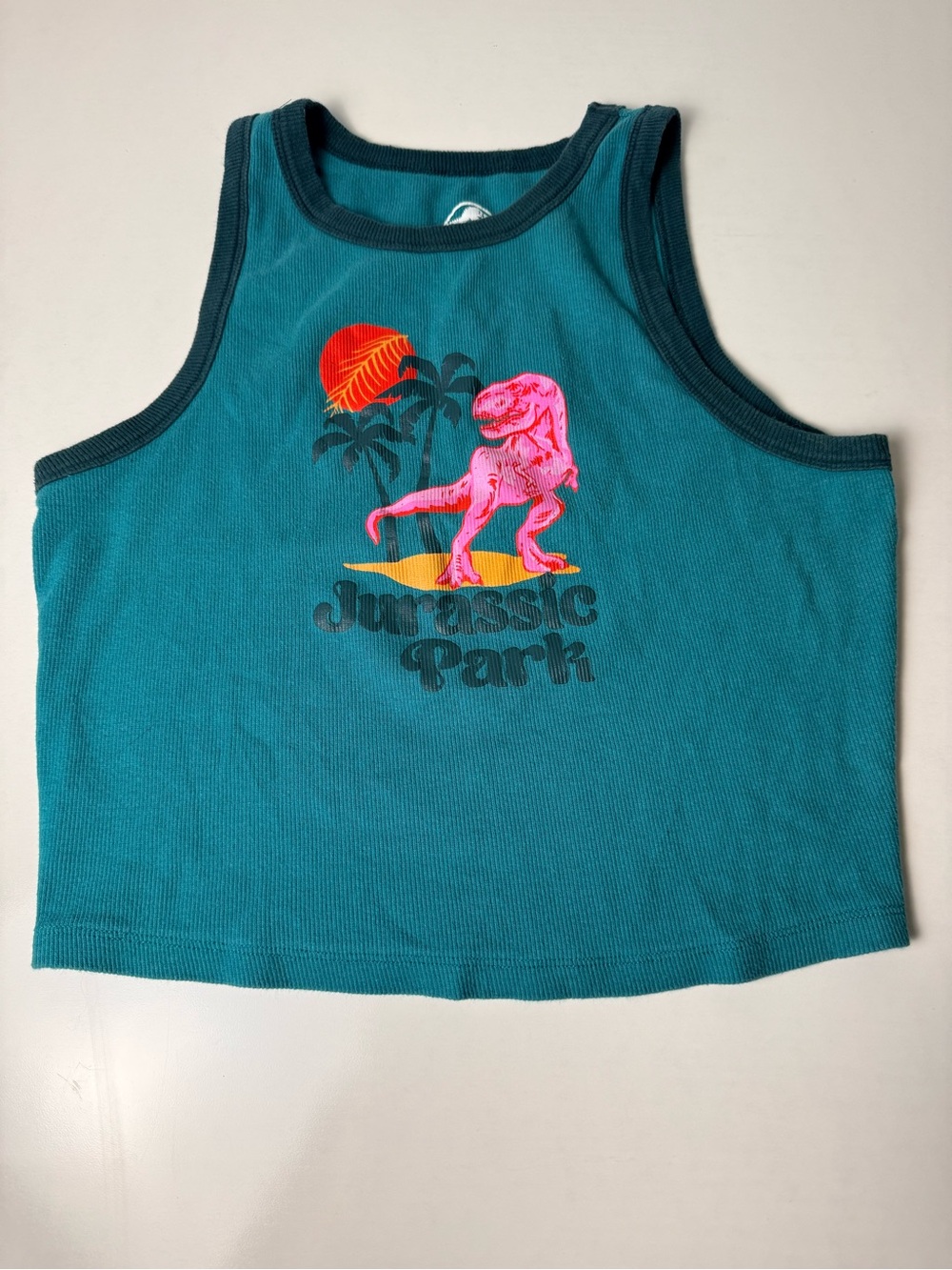 Kids Teal Tank Top with Neon Pink Dino Graphic - Jurassic Park